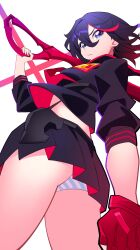  absurdres ass black_hair black_shirt black_skirt blue_eyes cowboy_shot crop_top female fingerless_gloves gloves green_panties hair_between_eyes highres holding holding_scissors kill_la_kill long_sleeves matoi_ryuuko miniskirt panties pleated_skirt red_gloves red_hair red_shirt scissor_blade_(kill_la_kill) scissors senketsu shirt short_hair simple_background skirt striped_clothes striped_panties teeth tlotro two-tone_shirt underwear white_background white_panties 