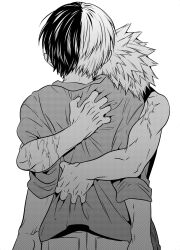  2boys arms_around_back bakugou_katsuki bare_shoulders black_hair black_tank_top boku_no_hero_academia clenched_hands greyscale highres hug ikuhashi_muiko male_focus monochrome multicolored_hair multiple_boys multiple_scars scar screentones shirt short_hair sleeveless sleeveless_shirt sleeves_rolled_up spiked_hair tank_top todoroki_shouto two-tone_hair upper_body white_background white_hair yaoi 