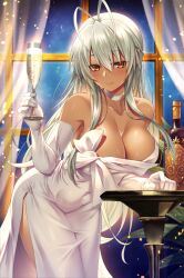  antenna_hair breasts champagne_flute cleavage commission cup dark-skinned_female dark_skin dress drinking_glass elbow_gloves emanon123 female gloves highres indoors large_breasts leaning_forward long_hair looking_at_viewer orange_eyes pointy_ears sansei_muramasa skeb_commission solo soukou_akki_muramasa white_dress white_gloves white_hair window 