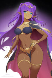  artist_name blue_eyes breasts bridal_gauntlets cape cleavage closed_mouth commentary cosplay covered_navel dark-skinned_female dark_skin female fingernails fire_emblem fire_emblem_awakening gold_trim gradient_background hand_on_own_hip highres jewelry loincloth long_hair medium_breasts pelvic_curtain pointy_ears purple_hair revealing_clothes revenantart shantae shantae_(series) shiny_skin signature simple_background smile solo tharja_(fire_emblem) tharja_(fire_emblem)_(cosplay) tiara twintails 