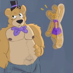  1:1 beard bow_tie clothing duo facial_hair five_nights_at_freddy&#039;s fredbear_(fnaf) fur hat headgear headwear hi_res lagomorph leporid male mammal palister35 purple_clothing rabbit scottgames spring_bonnie_(fnaf) top_hat yellow_body yellow_fur 