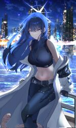  blue_archive blue_halo breasts buckle building chest_harness city coat colored_inner_hair female halo harness highres knife_sheath large_breasts long_hair multicolored_hair night no_mask rough0114 saori_(blue_archive) sheath shirt skyline skyscraper sleeveless sleeveless_shirt snap-fit_buckle solo thigh_sheath white_coat 