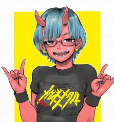  \m/ artist_name black_shirt black_wristband blue_hair blue_nails breasts colored_skin czow double_\m/ earrings glasses jewelry looking_at_viewer original pink-framed_eyewear red_skin sharp_teeth shirt simple_background small_breasts t-shirt teeth upper_body watermark white_background yellow_background 