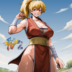  bandaged_arm bandages black_eyes blonde_hair blue_sky breasts cleavage cloud collarbone copyright_name day female final_fight fishnets genryuusai_maki grin hair_between_eyes highres japanese_clothes kimono large_breasts minamoto80486 no_panties opencanvas_(medium) outdoors pelvic_curtain ponytail red_kimono sash sky sleeveless sleeveless_kimono smile solo teeth yellow_sash 