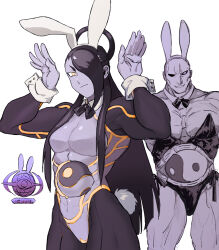  1boy animal_ears bald black_hair black_shrug bow bowtie breasts colored_skin commentary_request crossdressing detached_collar dual_persona fake_animal_ears female female_seth_(street_fighter) grey_skin leotard long_hair male_playboy_bunny meme_attire metal_skin playboy_bunny rabbit_ears rabbit_pose rabbit_tail reverse_bunnysuit reverse_outfit seth_(street_fighter) single_hair_ring smile strapless strapless_leotard street_fighter street_fighter_iv_(series) street_fighter_v tail trfd_3 very_long_hair wrist_cuffs yellow_eyes yin_yang 