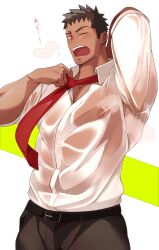  1boy absurdres arm_up bara belt commentary_request crow_(siranui) facial_hair goatee_stubble hibino_kafka highres kaijuu_no._8 male_focus muscular muscular_male necktie nipples one_eye_closed open_mouth partial_commentary red_necktie shirt short_hair sleeves_rolled_up stubble sweat sweaty_clothes tan wet wet_clothes wet_shirt white_shirt 