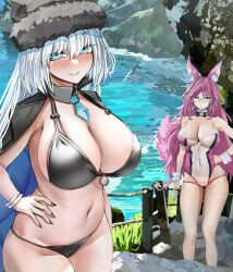  2girls absurdres animal_ears bare_shoulders bikini black_bikini blue_eyes blush breasts cleavage dobrynya_nikitich_(swimsuit_lancer)_(fate) dobrynya_nikitich_(swimsuit_lancer)_(first_ascension)_(fate) fate/grand_order fate_(series) fox_ears highres koyanskaya_(fate) large_breasts long_hair looking_at_viewer multiple_girls navel obazzotto pink_hair smile swimsuit tamamo_(fate) thighs white_hair yellow_eyes 