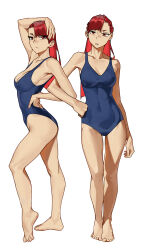  2girls :/ absurdres arm_at_side bare_arms bare_legs bare_shoulders barefoot blue_one-piece_swimsuit breasts cleavage closed_mouth commentary competition_swimsuit english_commentary feet full_body hand_on_own_head hand_on_own_hip highres large_breasts locked_arms long_hair looking_at_viewer multiple_girls one-piece_swimsuit original parted_lips red_eyes red_hair simple_background standing swimsuit tbocart teeth toes white_background 