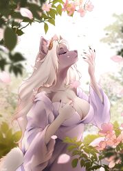  absurd_res accessory anthro big_breasts breasts canid canine clothing demon dress female female/female flower flower_in_hair fox garden hair hair_accessory haw hi_res horn laffisa long_hair mammal nature nature_background plant solo temptation 