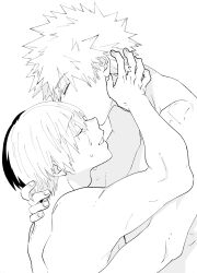  2boys bakugou_katsuki black_hair boku_no_hero_academia closed_eyes crying greyscale hair_between_eyes hand_in_another&#039;s_hair happy_tears highres ikuhashi_muiko male_focus monochrome multicolored_hair multiple_boys parted_lips short_hair spiked_hair tears todoroki_shouto topless two-tone_hair upper_body white_hair yaoi 