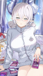  absurdres blush breasts cameo card character_doll demon_girl demon_horns duel_monster female gmg grey_eyes grey_hair highres holding holding_card horns jacket knight_(yu-gi-oh!) large_breasts looking_at_viewer lovely_labrynth_of_the_silver_castle no_pants pointy_ears solo track_jacket twintails white_hair white_horns yu-gi-oh! 