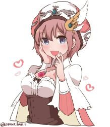  :d atelier_(series) atelier_rorona blue_eyes breasts capelet cleavage collared_capelet commentary cropped_torso female hair_between_eyes hand_on_own_cheek hand_on_own_face hands_up haruna_(citrus_love_i) hat heart jewelry long_sleeves looking_at_viewer necklace open_mouth pink_hair rorolina_frixell short_hair simple_background smile solo twitter_username upper_body white_background white_capelet 