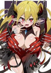  black_wings blonde_hair border breasts cleavage demon_girl demon_horns demon_wings dress duel_monster ear_piercing female gradient_background highres horns lacrima_the_scarlet_sorrow large_breasts long_hair multicolored_hair piercing pink_hair pointy_ears red_dress red_eyes solo twintails two-tone_hair two_side_up urasuka white_border wings yu-gi-oh! 