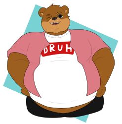  2019 anthro bear belly big_belly black_bottomwear black_clothing black_nose black_pants blue_eyes bottomwear brown_bear brown_body brown_eyebrows brown_fur clothed clothed_anthro clothed_male clothing digital_drawing_(artwork) digital_media_(artwork) eyebrows fangs flat_colors front_view fur half-length_portrait hands_on_hips hi_res looking_at_viewer male mammal michael_(michaelthebear) multicolored_body multicolored_fur obese obese_anthro obese_male one_eye_closed open_clothing open_mouth open_shirt open_smile open_topwear overweight overweight_anthro overweight_male pants pink_clothing pink_shirt pink_tongue pink_topwear portrait shirt simple_background smile smiling_at_viewer solo teeth text text_on_clothing theannoyingnpc tongue topwear two_tone_body two_tone_fur ursine white_background white_clothing white_shirt white_topwear wink winking_at_viewer 