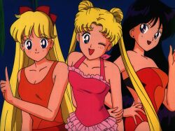  3girls aino_minako bare_shoulders bishoujo_senshi_sailor_moon black_hair blonde_hair bow collarbone cowboy_shot double_bun earrings frilled_one-piece_swimsuit frills hair_bun hairbow halterneck hand_on_own_hip hino_rei jewelry long_hair looking_at_viewer multiple_girls non-web_source official_art one-piece_swimsuit open_mouth red_bow red_one-piece_swimsuit scan single_earring smile strapless strapless_one-piece_swimsuit swimsuit tsukino_usagi twintails 