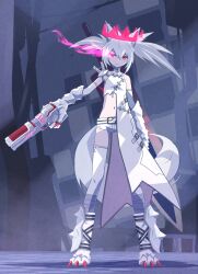  32zzz alternate_costume animal_ear_fluff animal_ears animal_feet animal_hands black_rock_shooter claws closed_mouth dress female flaming_eye floating_crown full_body grey_hair gun hair_between_eyes handgun highres holding holding_gun holding_weapon huge_weapon long_hair midriff navel purple_eyes red_eyes short_shorts shorts sidelocks solo sword tail twintails uneven_twintails weapon white_dress white_rock_shooter white_shorts wolf_ears wolf_tail 