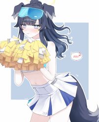  absurdres animal_ears bare_arms bare_shoulders black_hair blue_archive blue_eyes blush cheerleader closed_mouth cowboy_shot dog_ears dog_girl dog_tail eyewear_on_head female fukahare halo hibiki_(blue_archive) hibiki_(cheer_squad)_(blue_archive) highres holding holding_pom_poms long_hair looking_at_viewer midriff millennium_cheerleader_outfit_(blue_archive) miniskirt navel pleated_skirt pom_pom_(cheerleading) simple_background skirt solo spoken_blush standing star_sticker sticker_on_face stomach tail white_skirt 