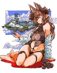  bikini black_bikini blue_nails breasts brown_horns cleavage closed_eyes extra_ears female floating_island galleon_(granblue_fantasy) galleon_(summer)_(granblue_fantasy) giant giantess granblue_fantasy hair_between_eyes highres horns koji_aotokage long_hair_between_eyes multicolored_hair official_alternate_costume pointy_ears see-through see-through_cleavage sitting sky smile solo streaked_hair swimsuit thigh_strap 