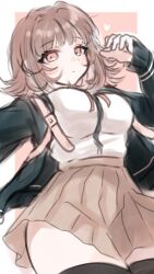  breasts brown_hair brown_skirt collared_shirt danganronpa_(series) danganronpa_2:_goodbye_despair female flipped_hair galaga hair_ornament highres hood ikemen&#039;na_ore-shi jacket long_sleeves looking_at_viewer medium_hair nanami_chiaki neck_ribbon open_clothes open_jacket pink_eyes pink_ribbon pleated_skirt ribbon shirt skirt solo thighhighs two-tone_shirt white_shirt 