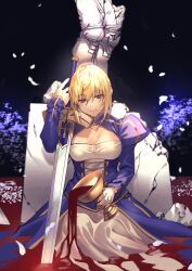  absurdres ahoge armor artoria_pendragon_(fate) blonde_hair blood breasts chalice cleavage cleavage_cutout closed_mouth clothing_cutout cup dress excalibur_(fate/stay_night) falling_feathers fate/stay_night fate_(series) feathers female gauntlets gold_crown green_eyes highres hiro_(hirohiro_gorira) holding holding_sword holding_weapon holy_grail_(fate) juliet_sleeves long_sleeves puffy_sleeves saber_(fate) sitting skirt sword weapon white_skirt 