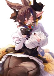  aki663 animal_ears black_gloves black_skirt blush breasts brown_hair brown_thighhighs button_gap cleavage closed_eyes corset dress earrings extra_ears female frills galleon_(granblue_fantasy) garter_straps gloves granblue_fantasy highres horns jewelry large_breasts layered_skirt long_sleeves medium_hair multicolored_hair pointy_ears revision sitting skirt smile streaked_hair swept_bangs thighhighs thighs tongue tongue_out unworn_eyewear white_dress yellow_skirt 