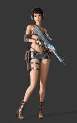  artist_name bikini bikini_under_shorts black_bikini black_hair collarbone commentary cutoffs denim denim_shorts english_commentary final_fantasy final_fantasy_vii final_fantasy_vii_ever_crisis gun headphones highres jewelry knee_pads lucia_lin lucia_lin_(beach_agent) micro_shorts necklace short_hair short_shorts shorts sreliata swimsuit thigh_strap thong_bikini weapon 