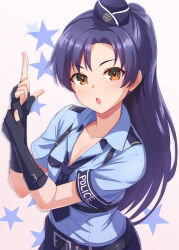  :o belt blue_necktie blue_shirt blush breasts brown_eyes cleavage dan_(orange_train) elbow_gloves female finger_gun fingerless_gloves gloves hat idolmaster idolmaster_million_live! idolmaster_million_live!_theater_days kisaragi_chihaya large_breasts long_hair looking_at_viewer necktie open_mouth own_hands_together police police_hat police_uniform policewoman ponytail shirt simple_background solo star_(symbol) uniform upper_body 