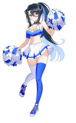  absurdres asymmetrical_legwear bare_shoulders black_hair blue_footwear blue_hair blue_thighhighs breasts character_name cheerleader cleavage closed_mouth crop_top cross-laced_footwear female full_body gangzi_(vtuber) hair_between_eyes hand_up high_ponytail highres holding holding_pom_poms long_hair looking_at_viewer mismatched_legwear multicolored_hair navel pom_pom_(cheerleading) shoes simple_background skirt solo standing stellive stomach streaked_hair thighhighs virtual_youtuber white_background white_skirt white_thighhighs yt9676 zettai_ryouiki 