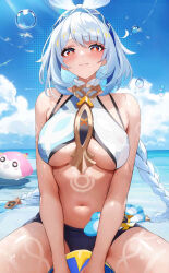  bare_arms black_shorts blue_hair blue_hairband blush body_markings braid breasts closed_mouth commentary crop_top day fantongjun female fish-shaped_pupils genshin_impact hairband highres large_breasts light_blue_hair long_hair looking_at_viewer low_twin_braids mualani_(genshin_impact) navel ocean outdoors red_eyes short_shorts shorts smile solo stomach thighs twin_braids underboob water_drop 