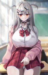  arm_support black_choker black_hair blurry blurry_background blush bow bowtie braid breasts cardigan chalkboard choker chromatic_aberration classroom closed_mouth clothes_lift collared_shirt commentary_request dalcom day desk female grey_hair hair_ornament hairclip heart heart_collar heart_hair_ornament highres hololive huge_breasts lifting_own_clothes light_particles long_hair long_sleeves looking_at_viewer multicolored_hair o-ring o-ring_choker official_alternate_costume official_alternate_hairstyle open_cardigan open_clothes panties pink_bow pink_bowtie pink_cardigan pink_skirt plaid_clothes plaid_skirt pocket red_eyes revision sakamata_chloe sakamata_chloe_(school_uniform) school_desk school_uniform shirt sitting skirt skirt_lift smile smug solo streaked_hair sunlight thighs two-tone_hair two_side_up underwear virtual_youtuber white_panties white_shirt window 