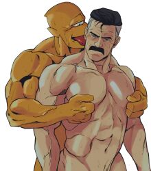  2boys abs bara black_hair blue_eyes bonjourdraws character_request collarbone colored_skin cyclops facial_hair highres hug hug_from_behind invincible_(series) large_pectorals licking licking_another&#039;s_neck male_focus mature_male moustache multiple_boys muscular muscular_male navel nipple_stimulation nipple_tweak nolan_grayson nude one-eyed open_mouth pectorals short_hair simple_background tongue tongue_out undercut upper_body white_background wrinkled_skin yellow_skin 