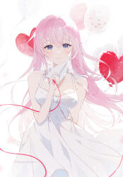  absurdres arm_behind_back balloon bare_shoulders blue_eyes blush breasts cleavage closed_mouth collarbone commentary cowboy_shot crying crying_with_eyes_open dress female hanchi_hachi heart_balloon highres holding_paper_airplane just_be_friends_(vocaloid) light_smile long_hair megurine_luka paper_airplane pink_hair sleeveless sleeveless_dress solo standing string string_of_fate tears very_long_hair vocaloid white_dress 