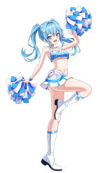  arahashi_tabi arm_behind_back arm_up bare_shoulders blue_eyes blue_hair boots breasts character_name cheerleader cleavage crop_top female full_body highres holding holding_pom_poms knee_boots long_hair looking_at_viewer navel open_mouth pom_pom_(cheerleading) simple_background skirt smile solo standing standing_on_one_leg stellive stomach twintails virtual_youtuber white_background white_footwear white_skirt yt9676 