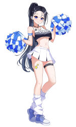  absurdres baggy_socks bare_shoulders black_hair blue_eyes blue_footwear breasts character_name cheerleader cleavage closed_mouth crop_top cross-laced_footwear female forehead full_body hands_up high_ponytail highres holding holding_pom_poms ive_(stellive) long_hair looking_at_viewer mole mole_under_eye navel pom_pom_(cheerleading) shoes simple_background skirt smile socks solo standing stellive stomach thigh_strap virtual_youtuber white_background white_skirt white_socks yt9676 