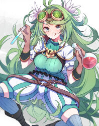  ahoge alchemic_magician belt duel_monster feet_out_of_frame female gloves goggles goggles_on_head green_eyes green_hair highres long_hair mosui_(kori_can) smile solo spread_legs test_tube thighhighs very_long_hair white_background yu-gi-oh! 