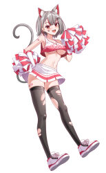  animal_ears bare_shoulders black_thighhighs breasts cat_ears cat_girl cat_tail character_name cheerleader cleavage crop_top cross-laced_footwear earrings female full_body gloves grey_hair hand_on_own_hip hand_up highres holding holding_pom_poms jewelry looking_at_viewer multicolored_hair navel neneko_mashiro oerba_yun_fang open_mouth pom_pom_(cheerleading) red_eyes red_hair shoes short_hair simple_background skirt smile solo standing stellive stomach streaked_hair tail teeth thighhighs torn_clothes torn_thighhighs upper_teeth_only virtual_youtuber white_background white_footwear white_gloves white_skirt yt9676 zettai_ryouiki 