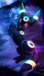  ambiguous_gender black_body eeveelution feral generation_2_pokemon glowing glowing_markings happy hi_res lying markings musical_note musical_symbol nintendo on_side pokemon pokemon_(species) red_eyes rukifox solo symbol umbreon 