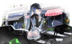  a-ah absurdres ass baseball_cap black_hat closed_mouth commentary expressionless female from_behind girls&#039;_frontline girls&#039;_frontline_2:_exilium green_eyes hand_on_own_chest hat highres hk416_(girls&#039;_frontline) long_hair looking_at_viewer looking_back official_alternate_costume on_motorcycle outdoors ponytail sidelocks sitting solo white_hair 