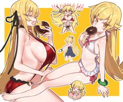  bare_shoulders bikini blonde_hair blush breasts chibi doughnut ebora female food highres large_breasts long_hair looking_at_viewer monogatari_(series) multiple_views open_mouth oshino_shinobu pointy_ears small_breasts smile swimsuit yellow_eyes 