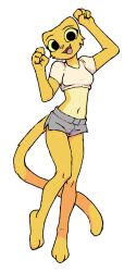  anthro binary_drawing bottomwear clothing dakimakura domestic_cat duo fangs felid feline felis female filthypally fur hi_res katia_managan khajiit looking_at_viewer mammal microsoft midriff prequel_adventure shorts simple_background tail teeth the_elder_scrolls yellow_body yellow_fur 