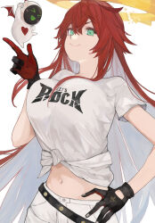  black_gloves breasts female gloves green_eyes guilty_gear guilty_gear_strive guilty_gear_strive_x_tower_records hair_between_eyes halo highres jack-o&#039;_valentine large_breasts levvellevvel long_hair multicolored_hair navel official_alternate_costume red_hair shirt smile spiked_halo t-shirt tied_shirt two-tone_hair white_hair 