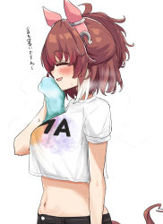  absurdres animal_ears blush breasts brown_hair commentary_request dantsu_flame_(umamusume) ear_covers female gryebooks highres holding holding_towel horse_ears horse_girl horse_tail medium_breasts midriff multicolored_hair navel open_mouth shirt short_sleeves simple_background solo sweat t-shirt tail towel translation_request two-tone_hair umamusume white_background white_hair white_shirt 