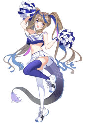  absurdres airi_kanna arm_up asymmetrical_legwear bare_shoulders blue_hair blue_thighhighs brown_hair character_name cheerleader crop_top cross-laced_footwear dragon_girl dragon_horns dragon_tail female full_body hand_up highres holding holding_pom_poms horns long_hair looking_at_viewer mismatched_legwear multicolored_hair navel open_mouth pink_hair pom_pom_(cheerleading) shoes simple_background skirt smile solo standing standing_on_one_leg stellive stomach tail thighhighs virtual_youtuber white_background white_footwear white_skirt white_thighhighs yt9676 