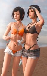  2girls artist_name beach bikini bikini_under_clothes bikini_under_shorts black_bikini black_hair breasts collarbone commentary cutoffs denim denim_shorts elbow_pads english_commentary final_fantasy final_fantasy_vii final_fantasy_vii_ever_crisis gloves highres jewelry knee_pads lucia_lin lucia_lin_(beach_agent) micro_shorts multiple_girls necklace official_alternate_costume open_fly orange_bikini orange_nails short_hair short_shorts shorts side-tie_bikini_bottom single_glove square_enix sreliata sunglasses swimsuit thigh_strap thong_bikini unworn_eyewear white_shorts yuffie_kisaragi yuffie_kisaragi_(summer_moogle) 