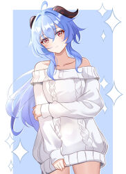  ahoge alternate_costume aran_sweater blue_hair blush bu_weizhuang cable_knit chinese_commentary collarbone cowboy_shot female ganyu_(genshin_impact) genshin_impact hair_intakes highres horns long_hair long_sleeves looking_at_viewer no_pants off-shoulder_sweater off_shoulder orange_eyes solo standing sweater very_long_hair white_sweater 