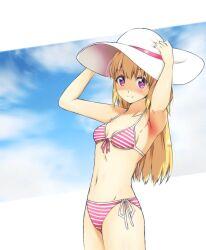  22/7 bikini blonde_hair blush closed_mouth cloud cloudy_sky collarbone cowboy_shot female front-tie_bikini_top front-tie_top fujima_sakura gabrieltenma77 halterneck hands_on_headwear hat hat_tug long_hair looking_at_viewer navel purple_eyes side-tie_bikini_bottom sky smile solo standing string_bikini striped_bikini striped_clothes sun_hat swimsuit three_quarter_view white_hat 