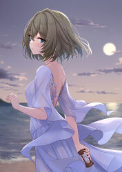  beach blush breasts dress female floating_hair full_moon green_hair highres holding_hourglass hourglass idolmaster idolmaster_cinderella_girls kirifrog looking_at_viewer medium_breasts mole mole_under_eye moon outdoors purple_dress short_hair shoulder_blades sideways_glance solo takagaki_kaede 