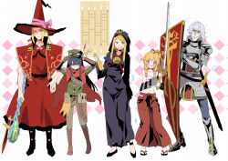  2boys 3girls :d :t absurdres argyle_background armor armored_boots arms_up black_boots black_hair black_robe black_sandals black_shoes blonde_hair blue_eyes boots bow breastplate brown_boots bushidou_(sekaiju) bushidou_2_(sekaiju) bushidou_2_(sekaiju)_(cosplay) cape capelet chains clenched_teeth closed_mouth cosplay costume_switch crossdressing crown curse_maker curse_maker_1 curse_maker_1_(cosplay) doctor_magus doctor_magus_4 doctor_magus_4_(cosplay) dress flat_cap green_hat green_shirt grey_hair grey_pants hakama hakama_skirt hand_on_own_hip hands_on_headwear hat hat_bow highres holding holding_shield holding_staff holding_sword holding_weapon hood hood_up hooded_robe japanese_clothes knee_boots ladder_lottery long_hair mini_crown multiple_boys multiple_girls navel nervous_smile nikki_kyousuke paladin_(sekaiju) paladin_2_(sekaiju) paladin_2_(sekaiju)_(cosplay) pants pauldrons pink_bow ranger_(sekaiju) ranger_1_(sekaiju) ranger_1_(sekaiju)_(cosplay) red_cape red_capelet red_dress red_eyes red_hakama red_hat ringlets robe sandals sarashi sekaiju_no_meikyuu shield shirt shoes shoulder_armor skirt smile staff sword teeth torn_cape torn_clothes translation_request trembling v-shaped_eyebrows very_long_hair weapon white_background witch_hat zouri 