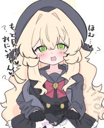  :d @_@ beret black_gloves black_serafuku black_shirt black_skirt blonde_hair blue_archive blush bow clothes_lift commentary_request female frilled_skirt frills gloves green_eyes grey_hat grey_jacket grey_sailor_collar hair_between_eyes hair_intakes half_gloves halo hat highres jacket kujou_karasuma lifting_own_clothes long_hair off_shoulder open_clothes open_jacket out-of-frame_censoring professor_niyaniya_(blue_archive) red_bow sailor_collar school_uniform serafuku shirt simple_background skirt skirt_lift smile solo translation_request very_long_hair watermark white_background 