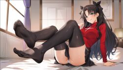  black_hair black_skirt black_thighhighs blue_eyes blush breasts commentary_request dysoor fate/stay_night fate_(series) female full_body hair_ribbon highres indoors looking_at_viewer medium_breasts no_shoes otakueden1995 panties pantyshot red_sweater ribbon sitting skirt solo sweater thighhighs thighs toes tohsaka_rin turtleneck turtleneck_sweater two_side_up underwear white_panties window 
